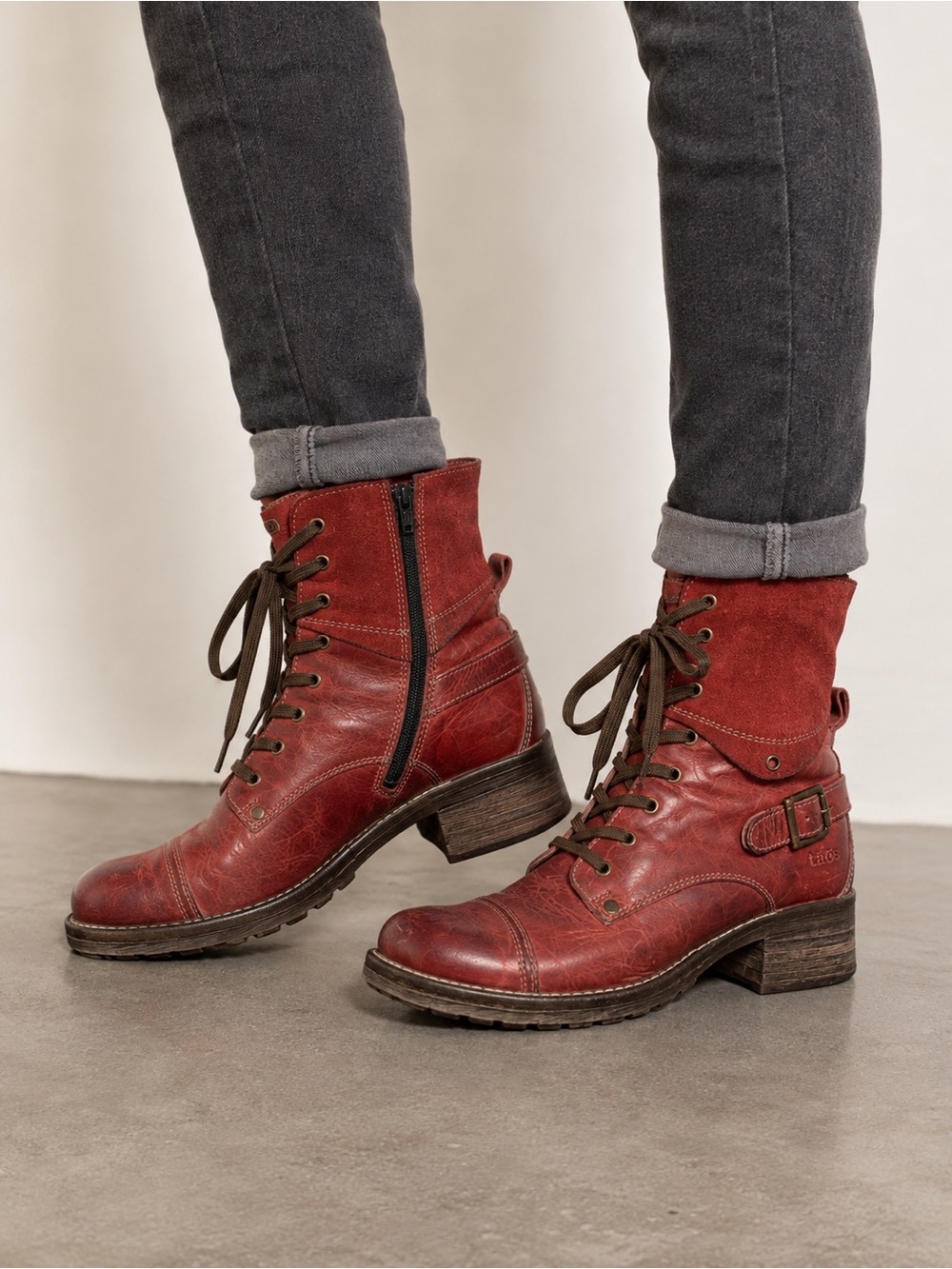 Taos Crave Combat Boot Red Bordeaux Lace and Zipper Size 40 (9 - 9.5)